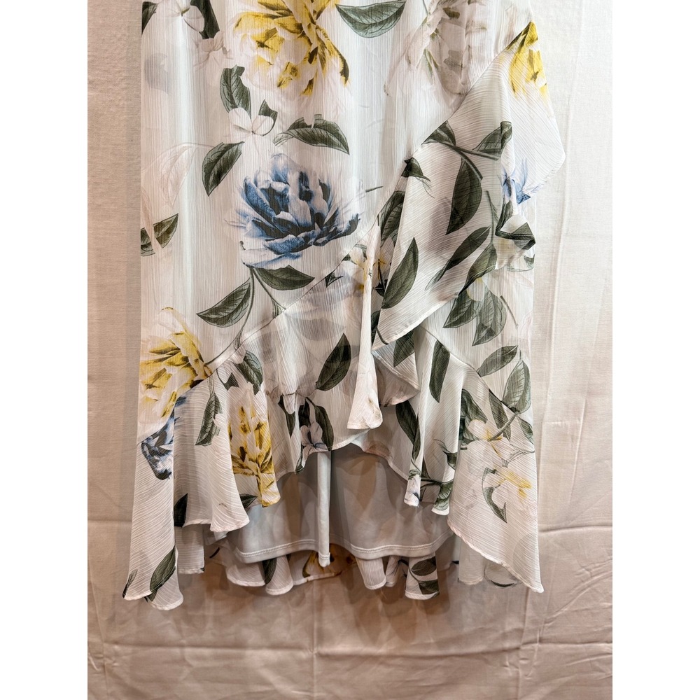 Calvin Klein Floral High-Low Ruffle Chiffon Midi Dress White Blue Yellow Size 8 - Picture 6 of 11